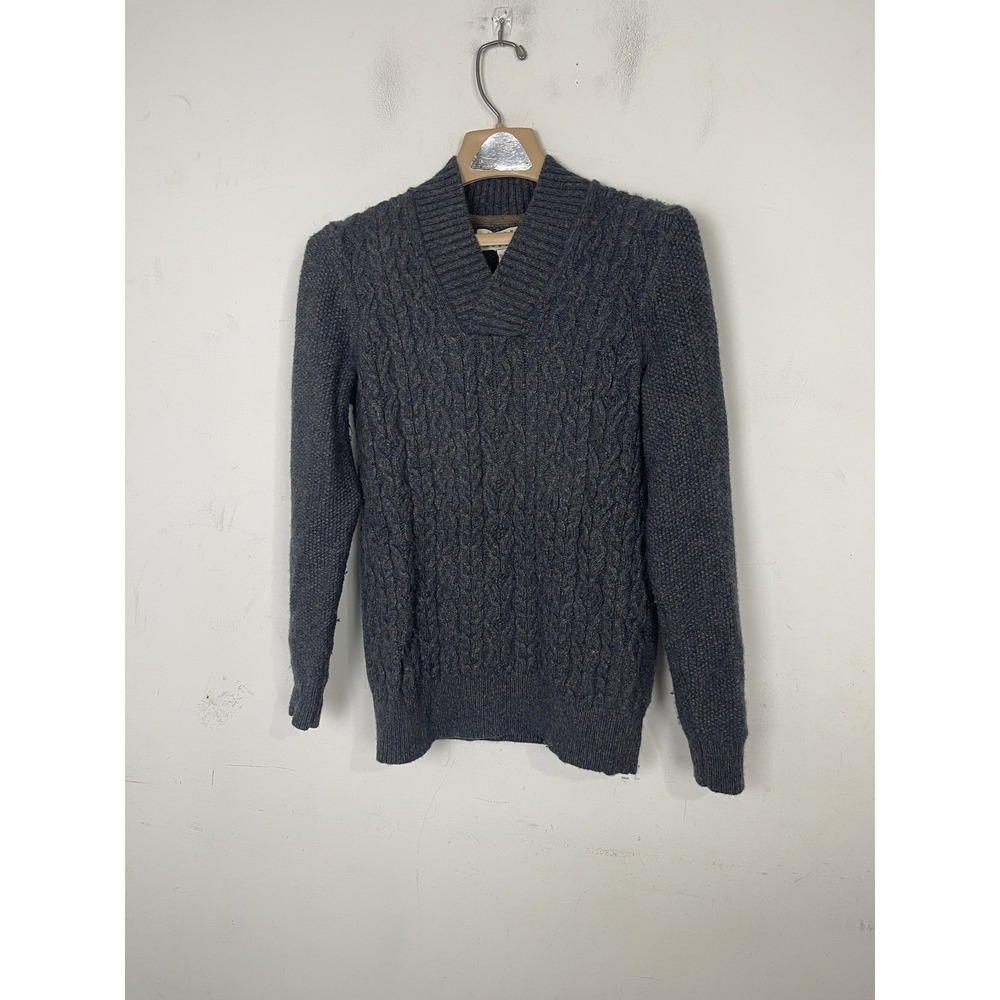 Joseph Abboud Mens Blue Marl Cable Knit Wool Blend V-Neck Shawl Sweater Small